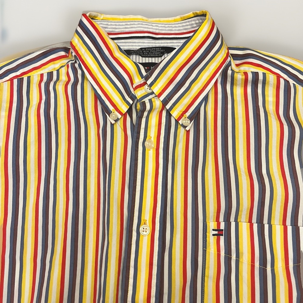 Tommy Hilfiger Shirt Mens L Multicolor Stripe Button Up Down Short Sleeve VTG